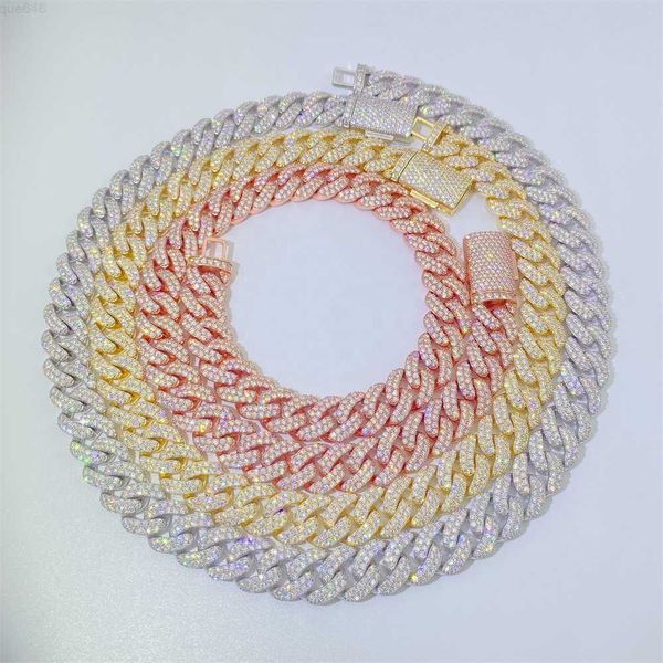 

hip hop rose gold 15mm iced out moissanite diamonds cuban jewelry chain wholesale necklace silver prong cuban link chain