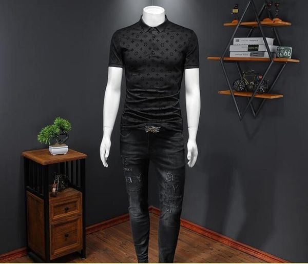 

european fashion brand dark flower short sleeve polo shirt men's summer clothes breathable large flocking printed lapel t-shirt casual, White;black