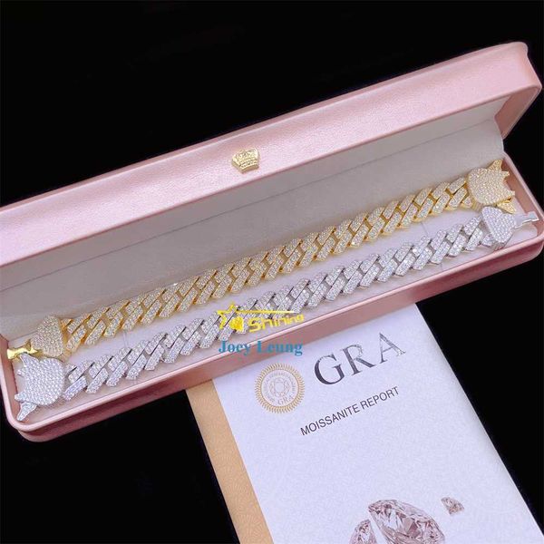 

moissanite hip hop jewelry 14.3mm 2 rows stone 925 silver gold plated moissanite diamond iced out cuban link bracelet
