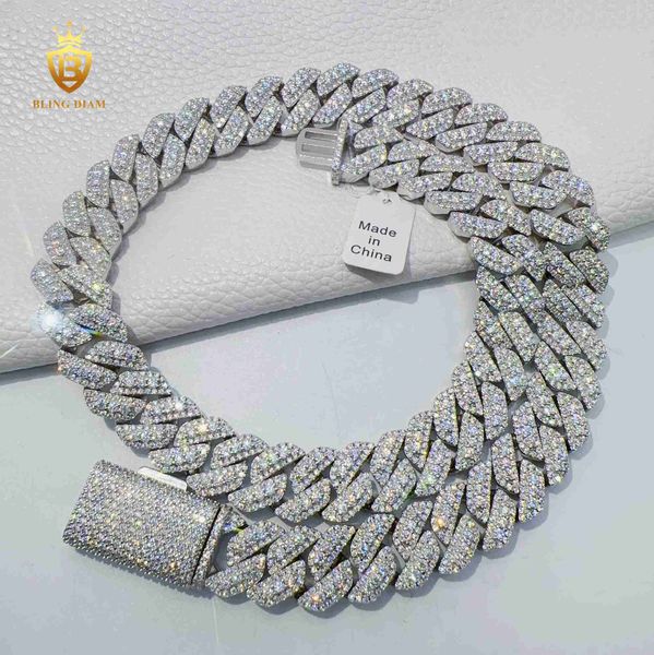 

custom hip hop jewelry 15mm iced out heavy cuban link chain vvs moissanite 925 sterling silver hiphop chain