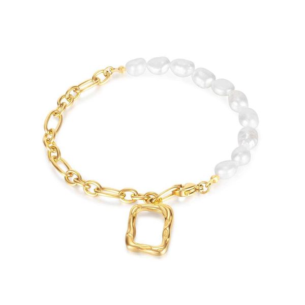 

fashionable diamond embedded natural bracelets freshwater pearl titanium steel bracelet womens light luxury geometric stitching stainless, Golden;silver