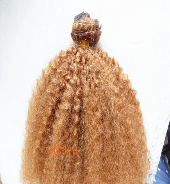 

brazilian human virgin remy clip ins hair extensions dark blonde hair weft human bomb kinky curly hair extensions double drawn thi3607376, Black;brown