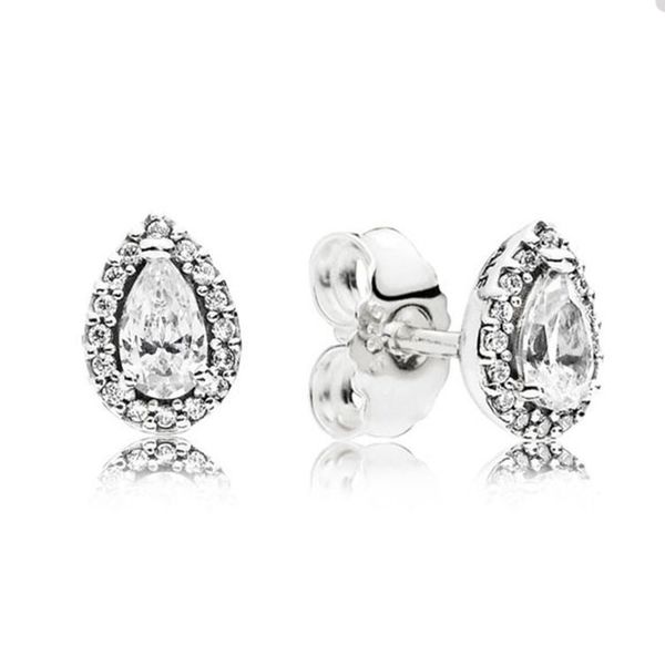 

sparkling teardrop halo stud earrings for pandora real sterling silver wedding party jewelry designer earring set for women sisters gift ear, Golden;silver
