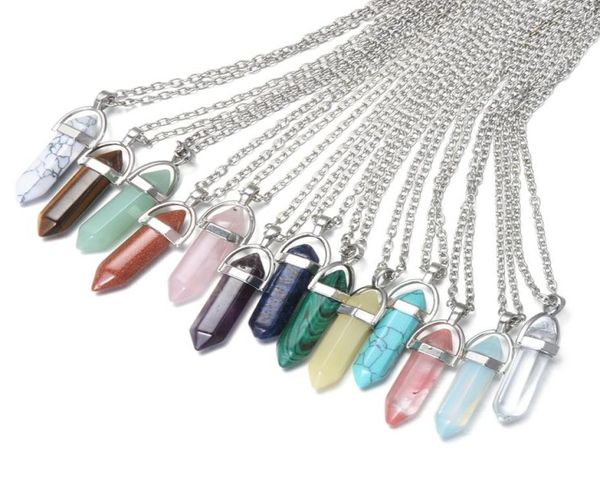 

20colors chakra reiki healing pendant jewelry hexagon natural stone pendulum necklace quartz lapis opal pink crystal amethyst char5623811, Silver