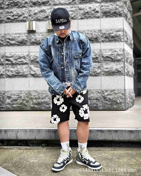 

men's jeans readymade co branded denim tears kapok street trendy printed shorts, Blue