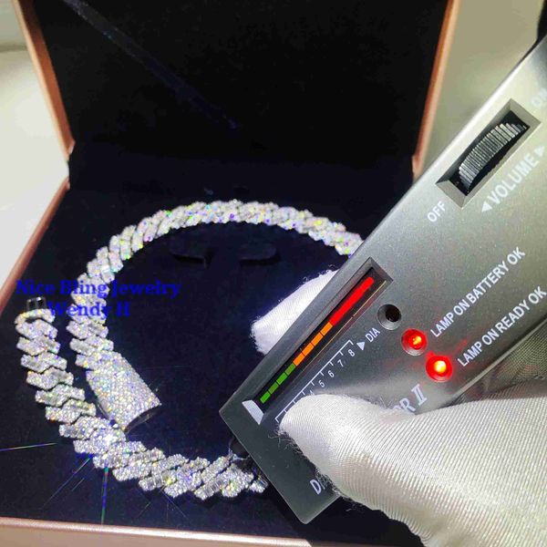 

wholesale price 15mm wide hip hop prong seting baguette style 925 moissanite diamond silver iced out cuban link chain