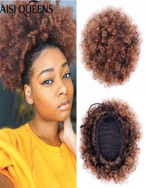 

aisi queens synthetic puff afro short kinky curly chignon hair extension bun drawstring ponytail wrap hairpiece fake 2202081673959, Black;brown