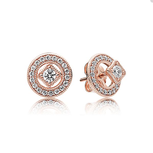 

rose gold vintage circle stud earring for pandora jewelry 925 sterling silver wedding party earring set for women girlfriend gift designer e, Golden;silver