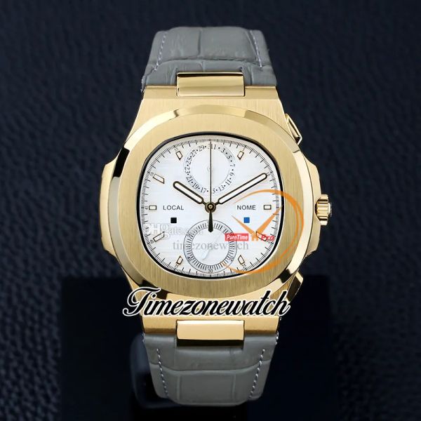 

new 5990/1 5990/1a white texture dial quartz chronograp mens watch satch 18k yellow gold case gray leather strap sport gents watches timezon, Slivery;brown
