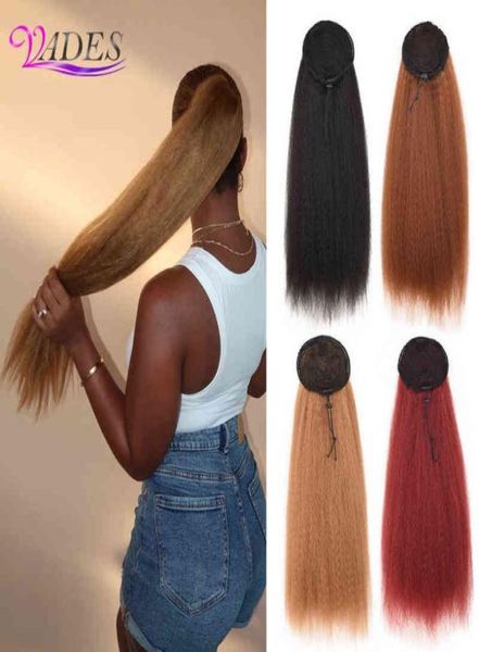 

drawstring ponytail hair extension 22 inch synthetic clip in afro kinky straight ponytail hairpieces with elastic band comb 2202089790516, Black;brown
