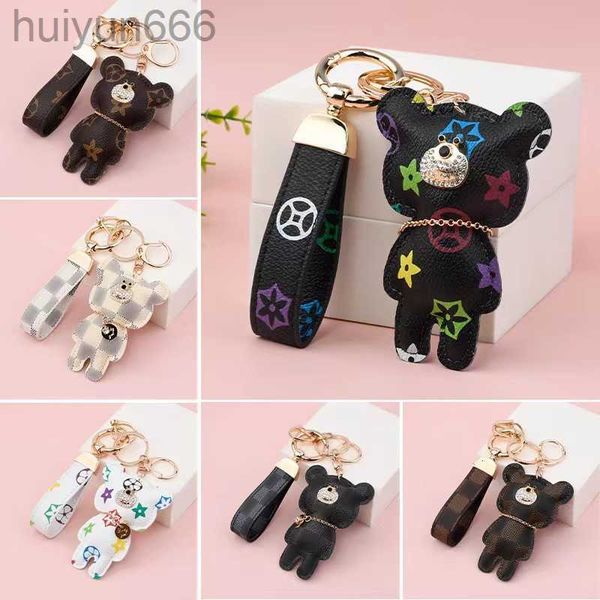

fashion keychain cute bear print pattern pu leather keychains car accessories key ring lanyard key wallet chain rope chain set, Silver