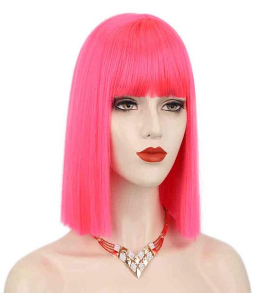 

hair vigorous synthetic short bob with bangs 12 inch pink straight s for women blue purple yellow cosplay 2203016676492, Black;brown