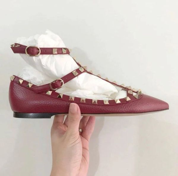 

with box valentinoity designer vt sandal famous summer women sandals rock stud ballerina caged pointed toe rivets ballet flats strappy c lcx, Black