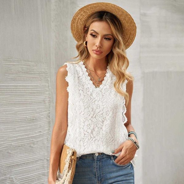 

summer tulle lace shirt v neck pullover loose casual outdoor sleeveless base tank top, White
