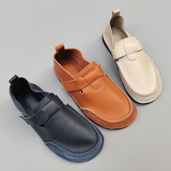 

pure handmade shoes, single shoes, outdoor cowhide, breathable women's soft sole, summer round toe, muller casual small design, retro a, Red;white