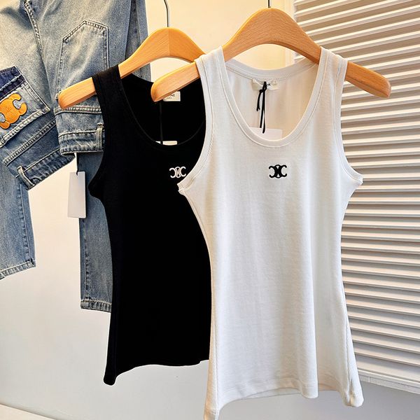 

knit tank round neck tank black tank women white designer embroidery short summer cotton blend elastic fine rib knit vest ladies solid vinta