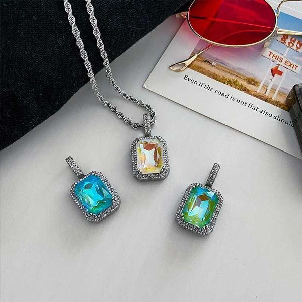

carmen european and american personality niche colored gemstone pendant ins diamond necklace men and women hip-hop trendy neckchain accessor, Silver