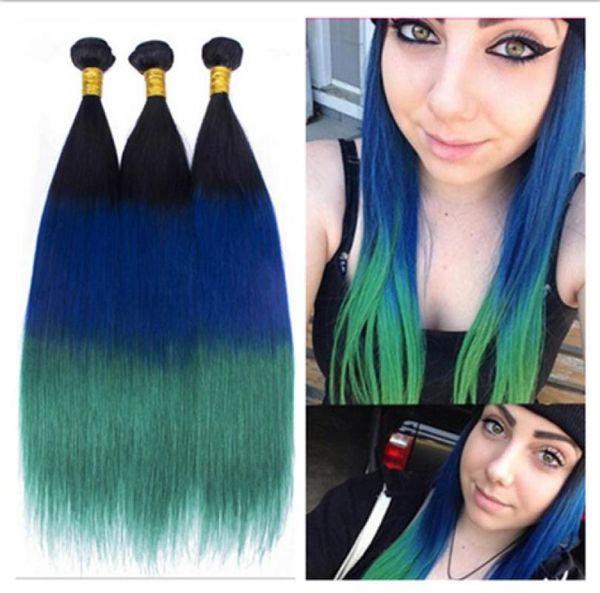 

malaysian 1b blue teal ombre hair weave dark roots three tone colored human hair extensions straight virgin ombre hair bundles 3p8453760, Black