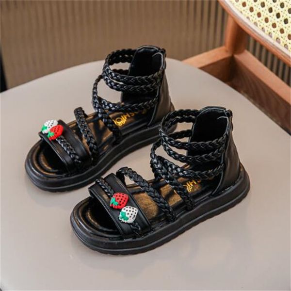 

cute strawberry children's girls sandals summer open-toe princess shoes toddler kids leather weaving gladiator sandal, Black;red