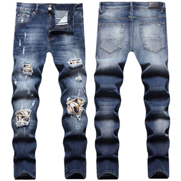 

men's jeans european jean am holes hand-painted stretch pants star embroidery small straight tube men trousers gzhsh1x179, Blue