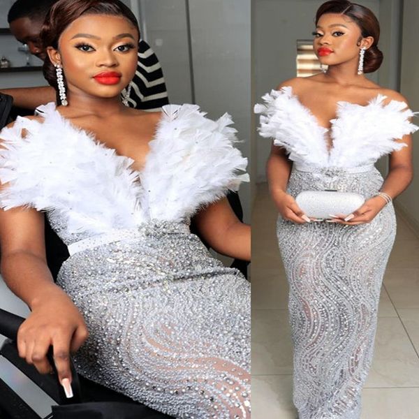 

2023 may aso ebi white sheath prom dress feather sequined lace evening formal party second reception birthday engagement gowns dresses robe, Black