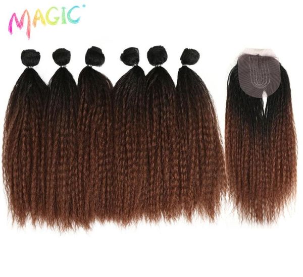 

magic 16 inch afro kinky straight hair weave 6 bundles with closure ombre brown 7pcs synthetic hair extensions for black women 2207651629, Black;brown