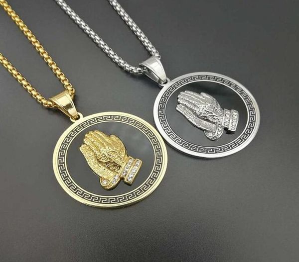 

hip hop zircon men jewelry praying hands and bible necklace with wheat chain for men 18k gold platedstainless steel3560438, Silver