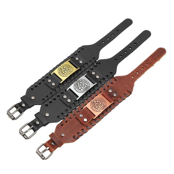 

retro nordic viking totem leather bracelet personality fashion style luen triangle letters wholesale, Golden;silver