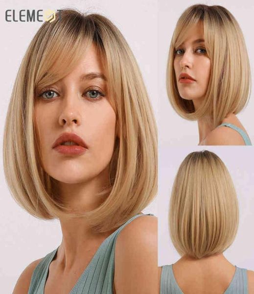 

hair synthetic short straight dark ombre golden blonde bob with bangs for white black women cosplay party lolita daily 2203015803601, Black;brown