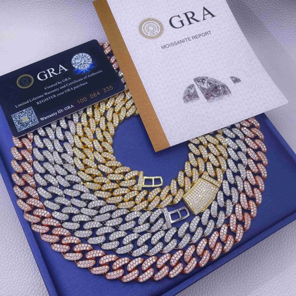 

trendy jewelry 14mm hiphop chain s925 two rows vvs moissanite diamond iced out fashion cuban link chain, Silver