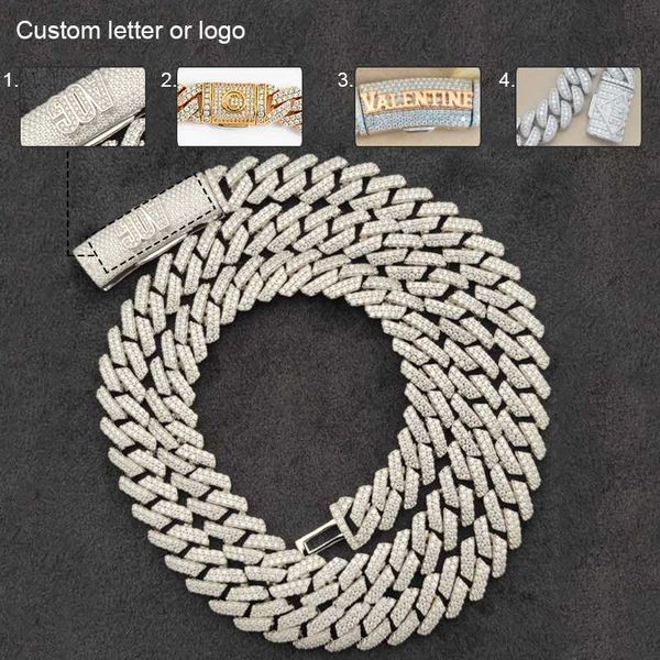 

custom hip hop jewelry iced out 10mm 12mm 925 sterling prong setting vvs lab moissanite cuban link chain necklace for man, Silver