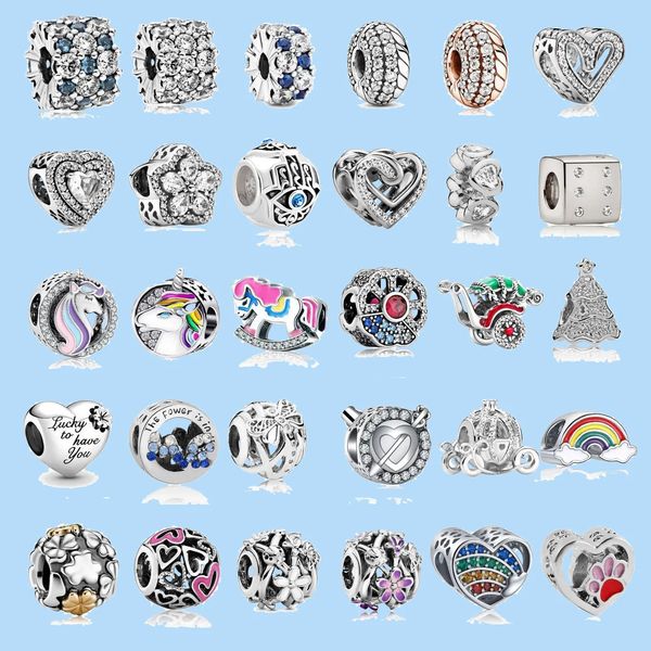 

925 sterling silver charms for pandora jewelry beads women jewelry color unicorn crystal heart clover beads, Black