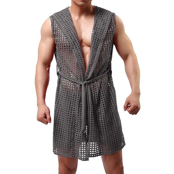

men's robes men's hooded sleeveless robes bathrobes mesh seethrough lingerie sleepwear pajamas male hollow out beachwear nightgown