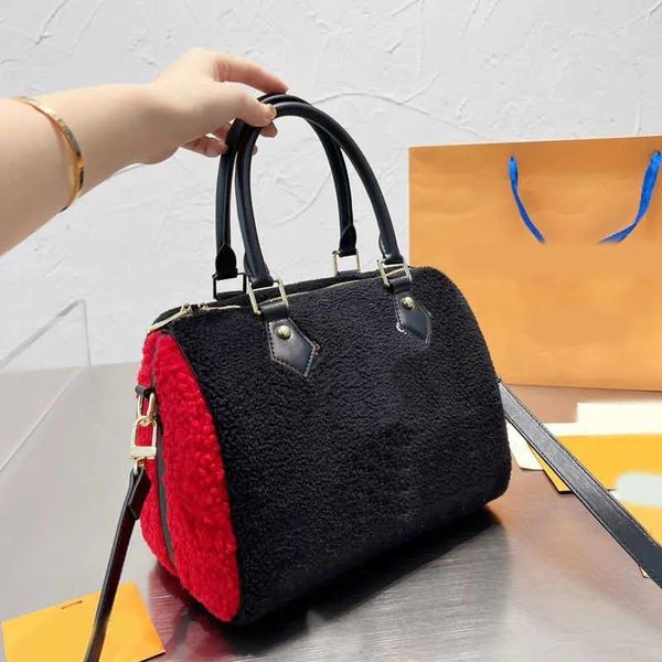 

boston bags lambswool pillow bag women winter leather boston handbag women's shoulder simple leisure designer handbags, Black;red