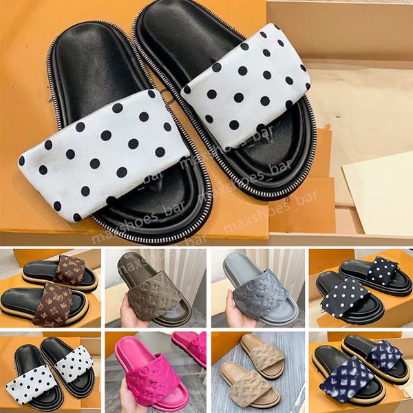 

2023 designers luxury pool pillow mules women sandals sunset flat comfort mules padded front strap slippers genuine leather fashionable easy