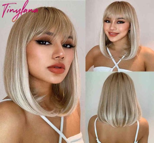 

hair short straight bob synthetic with bangs for women ombre brown blonde cosplay daily natural heat resistant 2203019437516, Black;brown