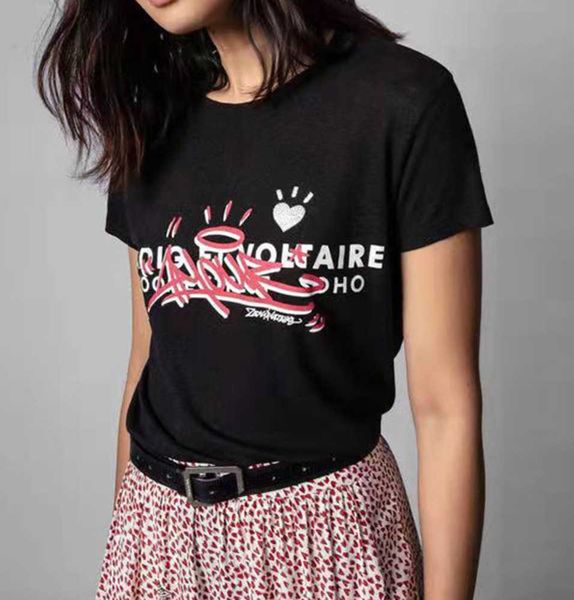 

23ss zadig voltaire summer cotton new designer t shirt letter love print drill round neck black women short sleeve fashion, White