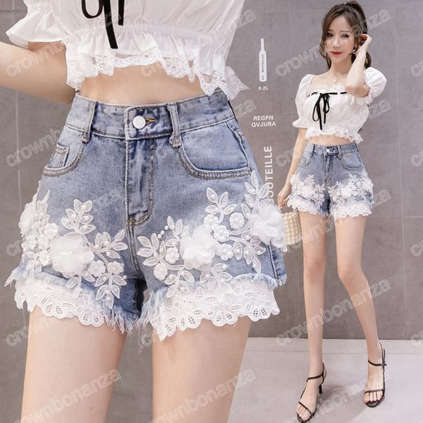 

ants ants flower embroidery denim shorts 2023 summer women korean high waist lace patchwork wide leg short jeans, White;black