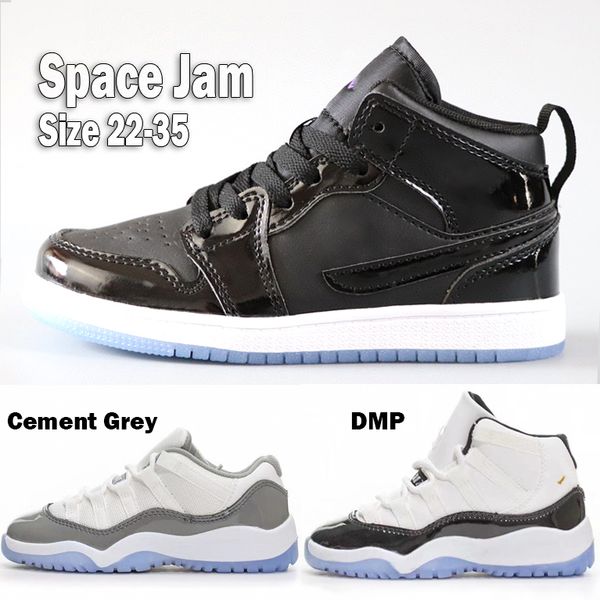 

jumpman 1 1s kids shoes 11s low designer basketball sneakers space jam dmp cement grey bred baby toddler shoes size 22-35, Black