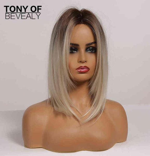 

hair brown to light blonde ombre medium straight layered bob synthetic middle part for women cosplay heat resistant 2203019785465, Black;brown