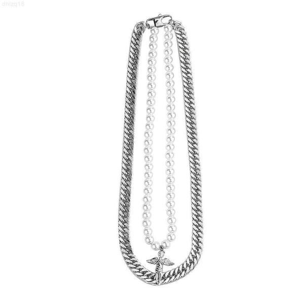 

necklace hip-hop men and women's pearl double layer ins titanium steel chain angel european and american niche collarbone cuba small pe, Silver