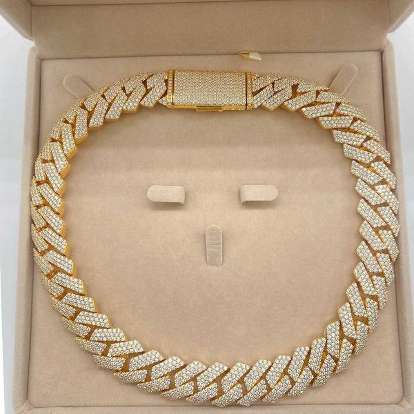 

hip hop bling 18k gold plated 925 sterling silver hand setting miami men iced out moissanite cuban link chain necklace