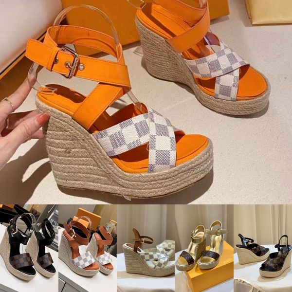

lu platform wedge sandals logo slippers straw heels pump strap sandal monograms plaid loafer shoes flats luxury designer high heeled denim c, Black