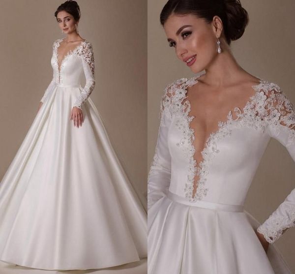

elegant a-line satin wedding dress long sleeves floor-length v-neck lace appliques princess bridal party gown vestidos de novias robe de mar, White