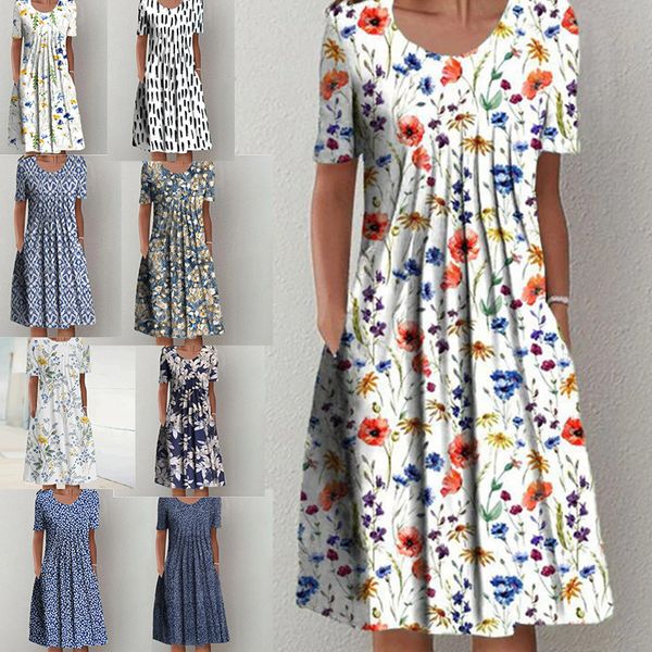 

casual dresses women holiday style summer round neck short sleeve pocket floral mid-length dress 230515, Black;gray