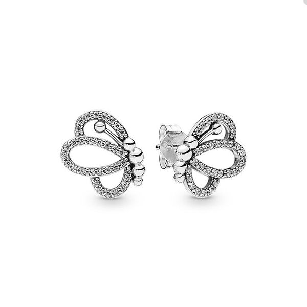 

sparkling openwork butterfly stud earrings for pandora jewelry 925 sterling silver party earring set for women crystal diamond designer earr, Golden;silver