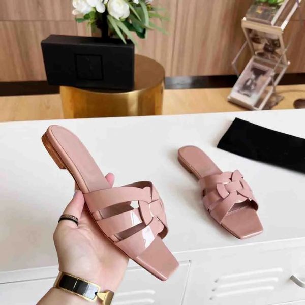 

perfect summer women slipper sandal flats tribute patent leather sandals slides open square head outdoor beach shoes slip on factory sale, Black