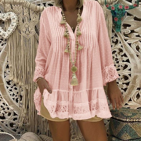 

women's blouses shirts hollow out women's blouse casual loose 5xl women's blouse large size polka dot chiffon shirts v neck l, White