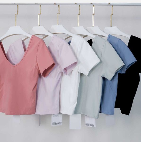 

lululemens womens yoga sport short sleeve solid color tight naked t-shirt v-neck open back sports fitness new high end 50ess, White