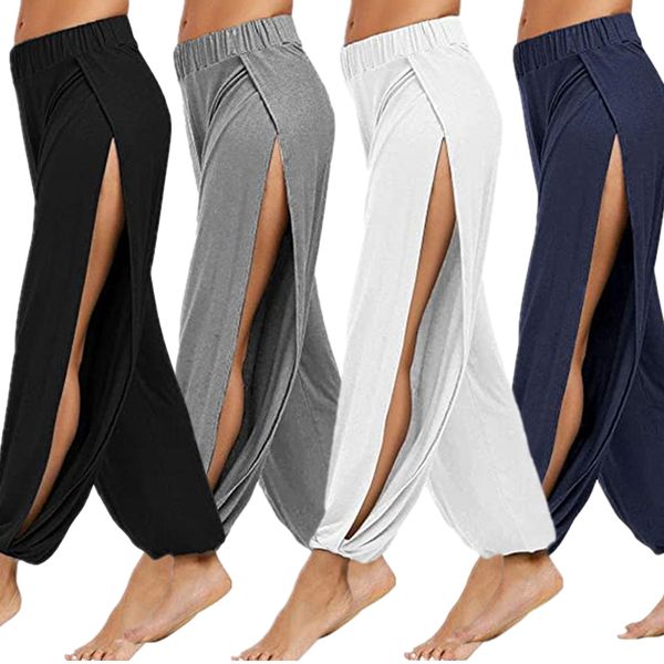

women's pants capris women fashion yoga pants high waisted slit wide leg haren pants gym leggings casual solid hollow workout trousers, Black;white